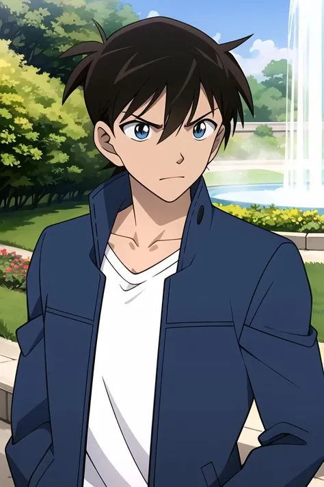 ((masterpiece)),((best quality)),ultra-detailed,illustratio,wallpaper,perfect lighting,Colorful,ultra highres,4K,photography,anime coloring, white shirt, brown hair, blue eyes, 1boy, shirt, jacket, closed mouth, short hair, hair between eyes, bangs, open clothes, upper body, open jacket, collarbone, blue jacket, solo, frown, solo focus, black jacket, looking down, long sleeves, official style, anime screencap,outdoor, street, garden,meadow,Pigeon,fountain, <lora:Kudou Shinichi_:0.7>