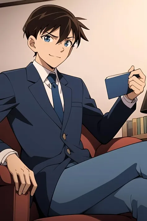 ((masterpiece)),((best quality)),ultra-detailed,illustratio,wallpaper,perfect lighting,Colorful,ultra highres,4K,photography,anime coloring,1boy, blue jacket, necktie, blue eyes, brown hair, book, sitting, closed mouth, zoom layer, shirt, holding, white shirt, collared shirt, crossed legs, pants, solo, formal, jacket, open book, short hair, bangs, hair between eyes, blue pants, suit, black necktie, looking at viewer, holding book, long sleeves, smile, official style, chair, male child, english text, blazer, striped, blue necktie, buttons,anime screencap,interior, detective agency, sofa, tv, table,<lora:Kudou Shinichi_:0.7>