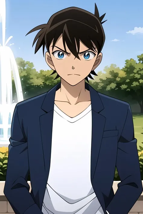 ((masterpiece)),((best quality)),ultra-detailed,illustratio,wallpaper,perfect lighting,Colorful,ultra highres,4K,photography,anime coloring, white shirt, brown hair, blue eyes, 1boy, shirt, jacket, closed mouth, short hair, hair between eyes, bangs, open clothes, upper body, open jacket, collarbone, blue jacket, solo, frown, solo focus, black jacket,  looking down, long sleeves, official style, anime screencap,outdoor, street, garden,meadow,Pigeon,fountain, <lora:Kudou Shinichi_:0.7>