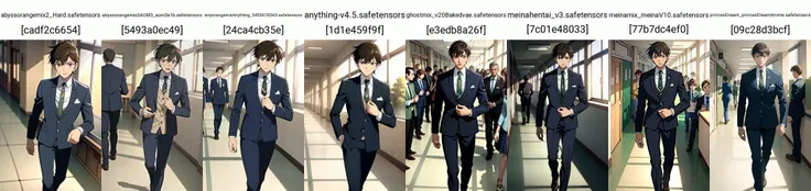 (masterpiece, top quality, best quality, official art, beautiful and aesthetic:1.2),highly detailed face, 1boy, brown hair, blue eyes, (wearing school boy uniform with (blue_school_suit and green_school_tie)), (school hallway, crowd, walking away, crowd of students in school hallway), indoor, full body, (extremely detailed, highres, highest detailed, 8k, absurdres, CG), masterpiece, best quality, <lora:Kudou Shinichi:0.7>, <lora:school_hallway_v0.1:1>