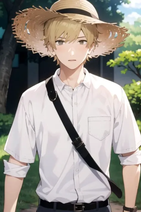 masterpiece, best quality, game cg, 1boy, solo, male focus, looking at viewer, upper body, depth of field, <lora:shun_futami:0.68>, shun_futami, blonde hair, brown eyes, shirt, straw hat, science fiction time travel,