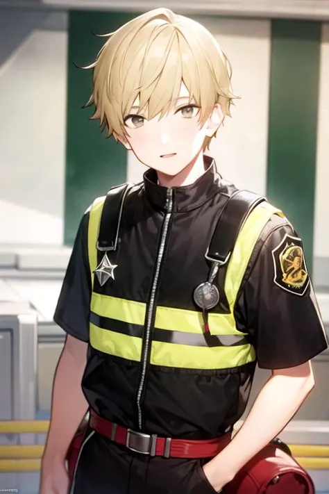 masterpiece, best quality, illustration, 1boy, solo, male focus, looking at viewer, , depth of field, <lora:shun_futami:0.66>, shun_futami, blonde hair, brown eyes, firefighter costume, atompunk,