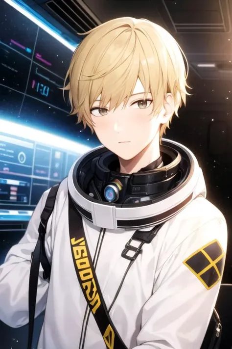 masterpiece, best quality, , 1boy, solo, male focus, looking at viewer, upper body, depth of field, <lora:shun_futami:0.66>, shun_futami, blonde hair, brown eyes, , science fiction space opera,