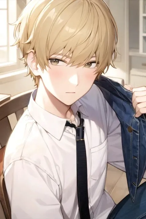 masterpiece, best quality, sketch, 1boy, solo, male focus, looking at viewer, upper body, , <lora:shun_futami:0.72>, shun_futami, blonde hair, brown eyes, jeans, , steampunk, High resolution