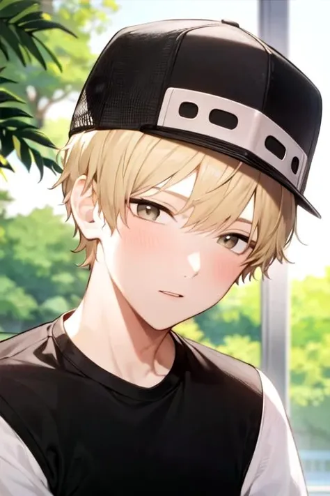 masterpiece, best quality, , 1boy, solo, male focus, looking at viewer, upper body, depth of field, <lora:shun_futami:0.66>, shun_futami, blonde hair, brown eyes, windcheater, snapback, ,