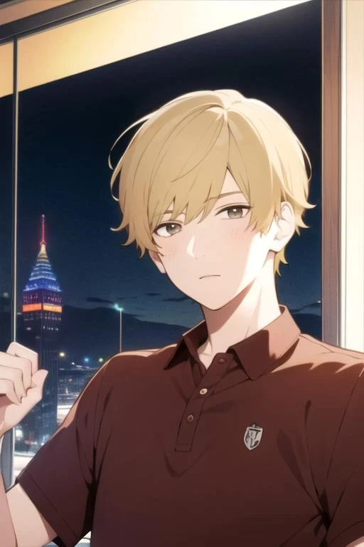masterpiece, best quality, illustration, 1boy, solo, male focus, looking at viewer, upper body, , <lora:shun_futami:0.72>, shun_futami, blonde hair, brown eyes, polo shirt, , The Tower of Shadows, 12k resolution