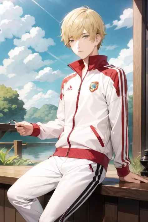 masterpiece, best quality, wallpaper, 1boy, solo, male focus, looking at viewer, , , <lora:shun_futami:0.74>, shun_futami, blonde hair, brown eyes, tracksuit, , A fairytale land where magical creatures live and thrive, 2k resolution