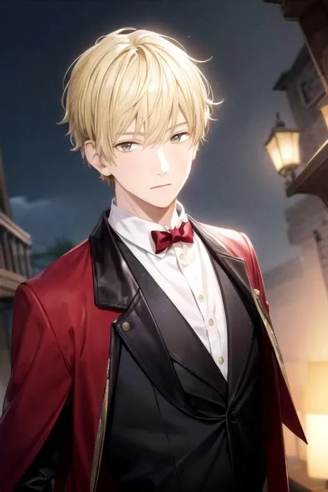 masterpiece, best quality, wallpaper, 1boy, solo, male focus, looking at viewer, upper body, depth of field, <lora:shun_futami:0.70>, shun_futami, blonde hair, brown eyes, dracula costume, ,