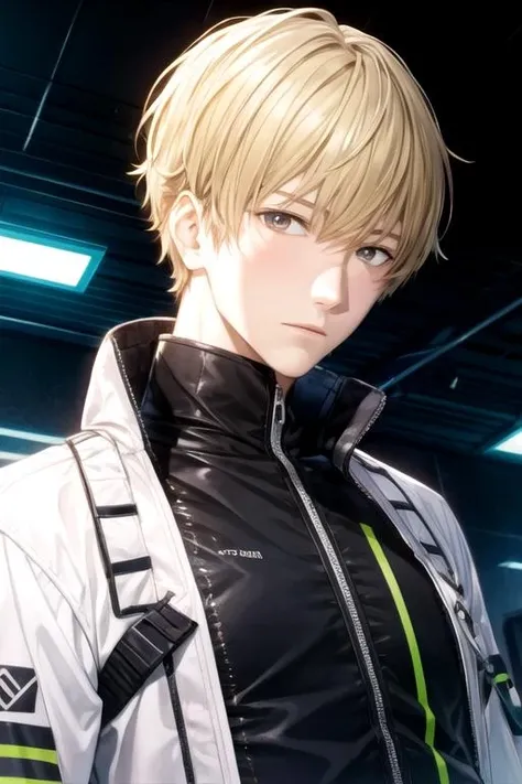 masterpiece, best quality, game cg, 1boy, solo, male focus, looking at viewer, upper body, depth of field, <lora:shun_futami:0.66>, shun_futami, blonde hair, brown eyes, , science fiction cyberpunk, Blu-ray