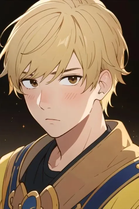 masterpiece, best quality, wallpaper, 1boy, solo, male focus, looking at viewer, upper body, , <lora:shun_futami:0.72>, shun_futami, blonde hair, brown eyes, dwarf costume, , 8k resolution