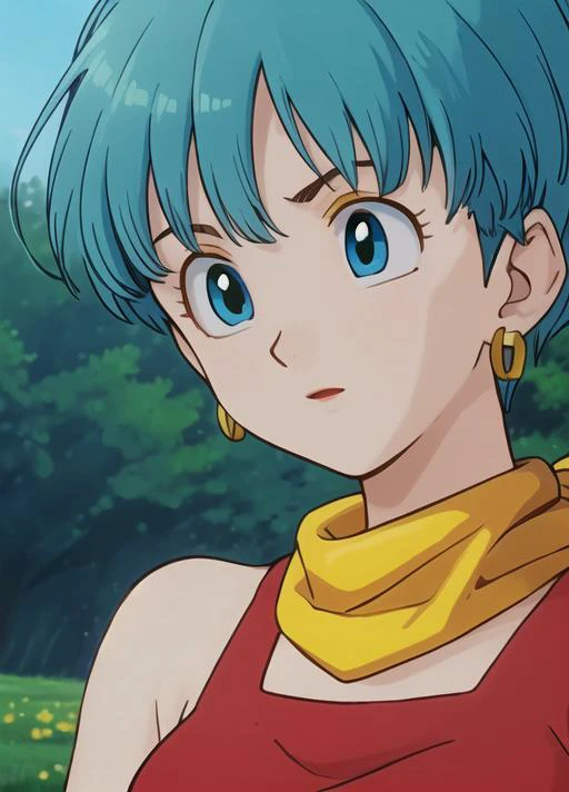 masterpiece, best quality, highest quality, (perfect illumination), (photorealistic), perfect anatomy, perfect face, perfect eyes, 
 <lora:bulmadbzreddress_ex_04_galena3ep:0.9> bulmadbzreddress, aqua hair, short hair,  blue eyes, earrings, red dress, yellow scarf