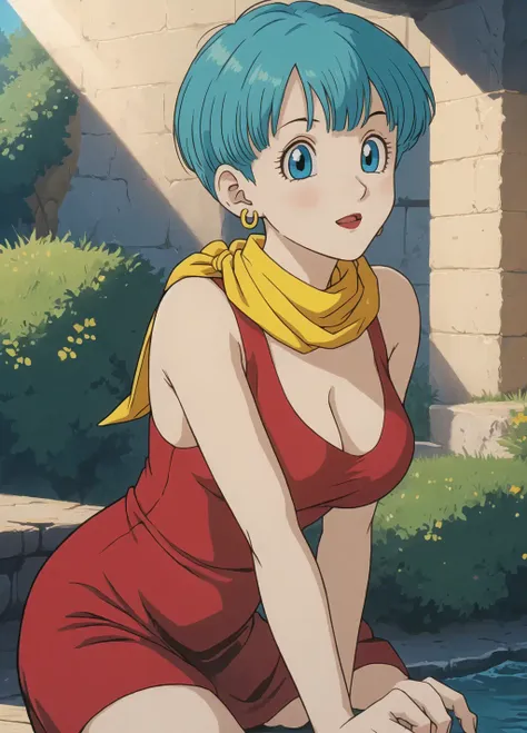 masterpiece, best quality, highest quality, (perfect illumination:1.4), (photorealistic), perfect anatomy, perfect face, perfect eyes, 
 <lora:bulmadbzreddress_ex_04_galena3ep:0.9> bulmadbzreddress, aqua hair, nude, short hair,  blue eyes, earrings, red dress, yellow scarf, sexy pose, radar on hand