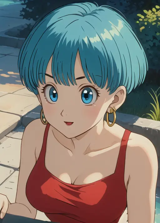 masterpiece, best quality, highest quality, (perfect illumination:1.4), (photorealistic), perfect anatomy, perfect face, perfect eyes, 
 <lora:bulmadbzreddress_ex_04_galena3ep:0.9> bulmadbzreddress, aqua hair, short hair,  blue eyes, earrings, red bikini, sexy pose