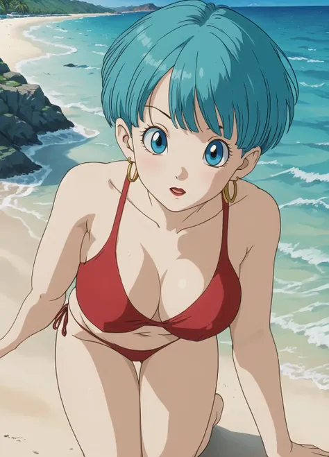 masterpiece, best quality, highest quality, (perfect illumination:1.4), (photorealistic), perfect anatomy, perfect face, perfect eyes, 
 <lora:bulmadbzreddress_ex_04_galena3ep:0.9> bulmadbzreddress, aqua hair, short hair,  blue eyes, earrings, sexy bikini, sexy pose, on beach