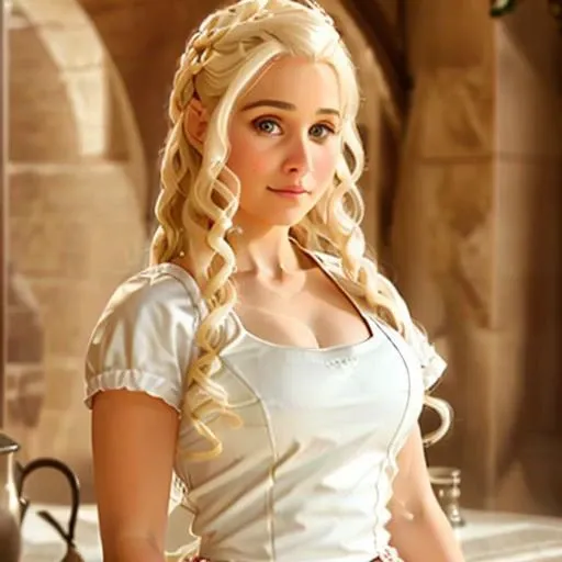 ultra high quality, a blond pretty woman halisi <lora:khalisi:1>, good lighting, a closeup portrait of a playful maid, undercut hair, apron, amazing body, pronounced feminine feature, busty, kitchen,  flirting with camera