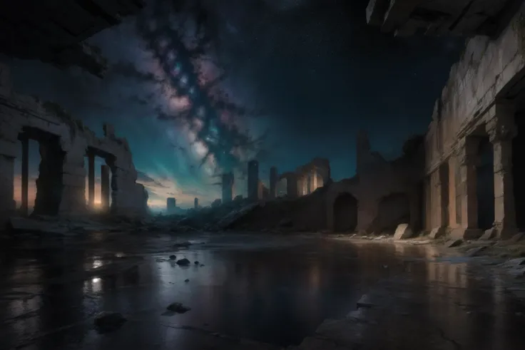 cosmic scenery,, insanely detailed and intricate,godrays,ray traced reflections, <lora:add_detail:1.0> ,auora,starry skies,dynamic shadows,dystopian ruins,