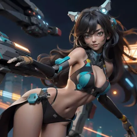 a bikini mecha girl,long hair,medium breasts, science fiction