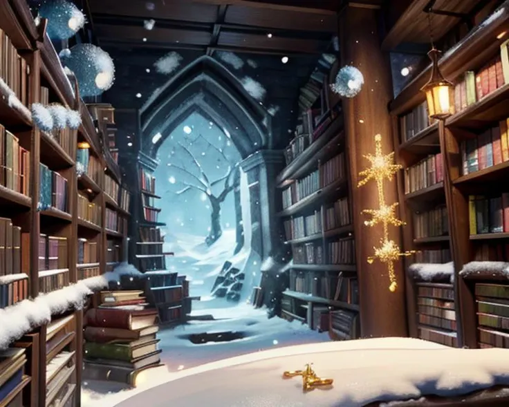 fantasy,detailed background,laboratory,shelves,books,alchemist recipes,mistery,((snow particles:1.2)(fire particles:1.2)(gold particles:1.2)),highres,wide_shot,dynamic_angle,dungeon,