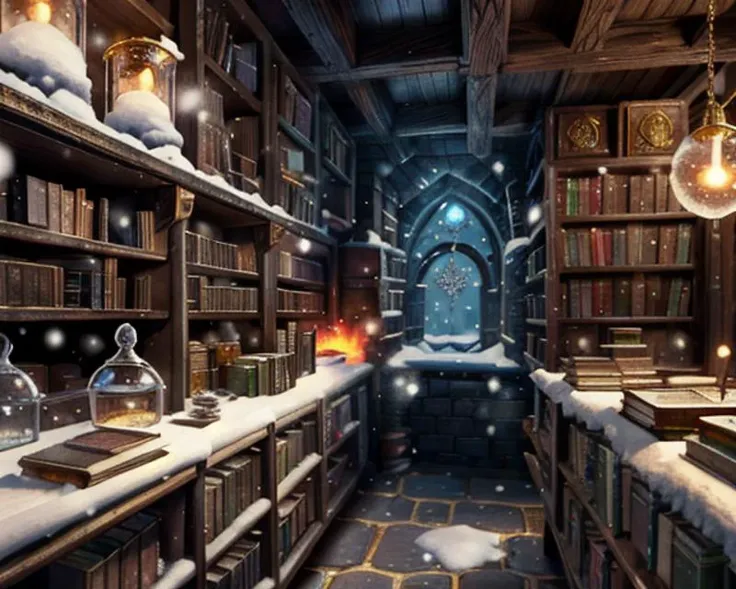 fantasy,detailed background,laboratory,shelves,books,alchemist recipes,mistery,(snow particles:1.2), (fire particles:1.2), (gold articles:1.2),highres,wide_shot,dynamic_angle,dungeon,