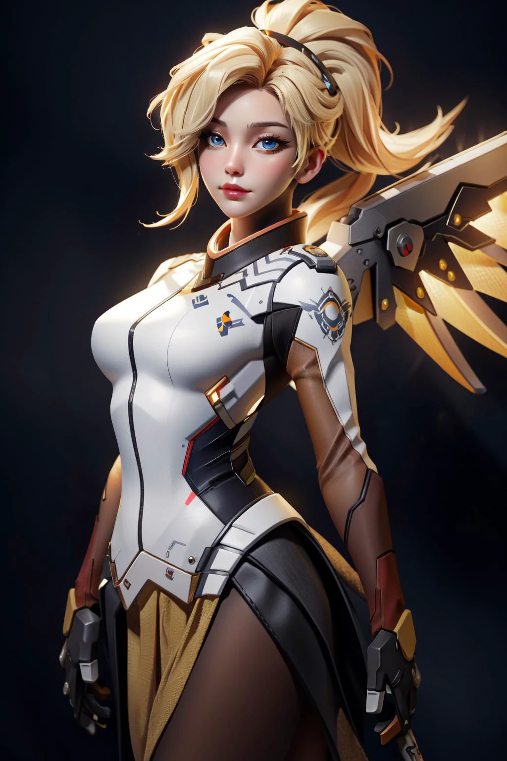 (masterpiece, best quality), intricate details,
1girl, <lora:mercy:0.8> 1girl, solo, mercy (overwatch), mechanical halo, breasts, blue eyes, blonde hair, pantyhose, mechanical wings, wings, halo, holding, bodysuit, cowboy shot, yellow wings, brown pantyhose, lips, gloves, pelvic curtain, black gloves,