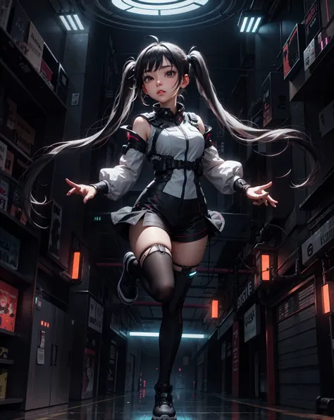 (grainy:0.5), girl,adult, (looking at hand:1.1),(black twintails:1.1), full body, futuristic room, floating in air, lot of lights, extremely detailed, detailed illustration, 8k uhd
