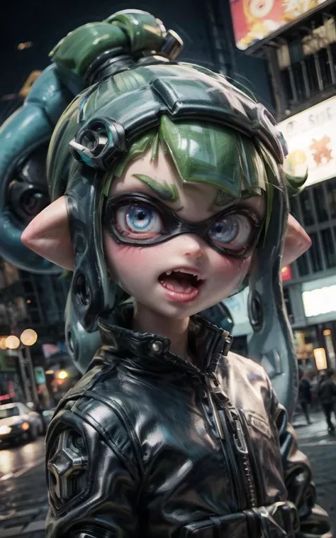 ((inkling boy:1.4)) in a cyberpunk city, portrait, ((cyborg)), ((mechanical arms)), looking at viewer, robot joints, bokeh, solo, male focus, surprised, facing viewer, 
green hair, ((tentacle hair)), ponytail, 
blue eyes, ((domino mask)), glowing eyes, 
splatoon \(series\), splatoon 3, nintendo, 
fangs, 
neon lights, neon, neon trim, city, city lights, tokyo \(city\), 
 <lora:more_details:0.8>