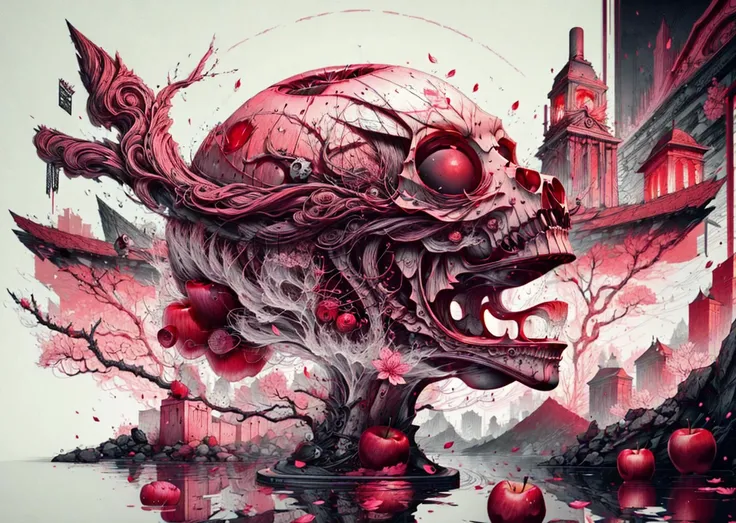an bright red apple with intricate etchings on water , [a skull:5], insanely detailed and intricate,godrays,ray traced reflections,cherry blossom petals floating in the air, <lora:detailmaker:1.0> <lora:add_detail:1.0> <lora:Bloodstainai:0.8>,bloodstainai ,<lora:lightlineArtLora:1.0>,monochrome,lineart