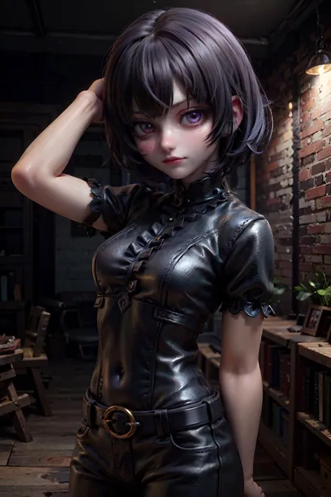 highres, masterpiece, perfect lighting, bloom, cinematic lighting, adult, female, looking at viewer, cowboy shot, (RSEEmma:1.5)<lora:RSERomantic_RSESofiko_RSEEmma-v1:0.3>, goth girl, goth makeup, pale skin, bangs, short hair, jet black hair, purple eyes, scowl, <lora:Zinnia:0.8> <lora:weight_slider_v2:-0.5>