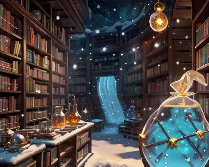 fantasy,detailed background,laboratory,shelves,books,alchemist recipes,mistery,((snow particles:1.2)(fire particles:1.2)(gold particles:1.2)),highres,wide_shot,dynamic_angle,dungeon,
