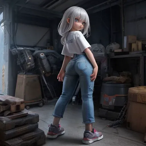 8k, best quality, futuristic style, cyberpunk style, in a garage, neon, clutter, details, (robots guards), trash on ground, Clutter-Mechanical,
Petite AdeliaChz, long white hairs, hands in back,
she is wearing a denim jean, wearing a tee shirt, wearing a belt, wearing a sneakers shoes, 
she has wide hips,
(best quality, masterpiece, (realistic colors), photorealistic, skin indentation, realistic skin, pretty face, child face, Caucasian, detailed face, stunning eyes)
