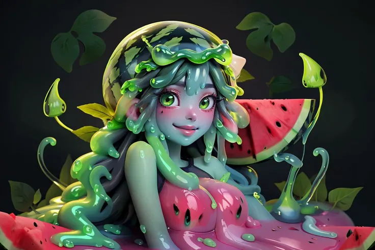 (watermelon slime musume:1.5), (deep green skin:1.5)
refreshing, juicy, sweet
((solo))
(meadow, patch of ripe melons:1.3)
fruit
A deep green slime girl
(friendly smile), (bright eyes)
colored slime, slime creature
deep green slime with red slit pupils
long wavy vine-like slime hair
dripping tentacles, melon sized breasts
(leaf top:1.25), ( melon seed accessories :1.25)
(((vine outfit )))
natural and minimal clothes
( offering a slice of chilled watermelon:1.2), ( lounging among split melons:1.25),