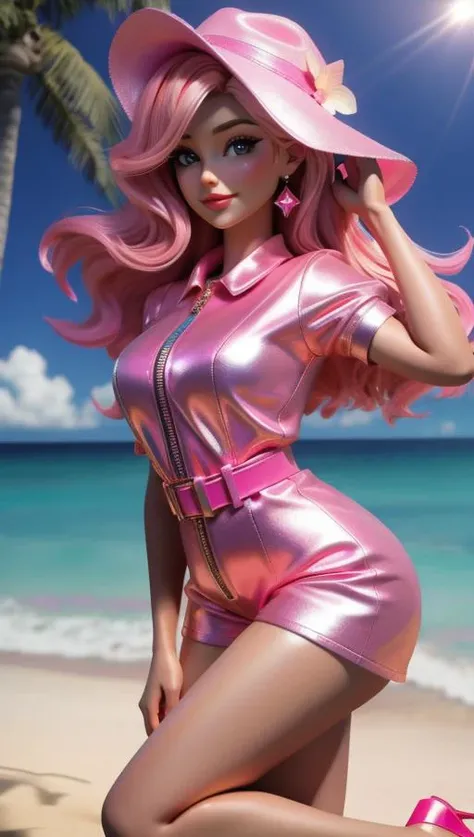fcPortrait, Petite woman, her every feature bathed in the playful glow of a pink color scheme, captivating and mesmerizing, ((bodycon dress adorned with cotton candy pink hues, reflecting light in a dazzling display, Holographic gems delicately reflecting a rainbow of colors, slender choker adding a touch of elegance)), shimmering with lustrous hues matching the pink scheme, pink makeup adorning her eyes and lips, bimbo-infused ambiance, magnetic presence exuding grace, confidence, and a unique allure that captures all attention, ((California beach background, palm trees)), dynamic pose, dynamic --auto