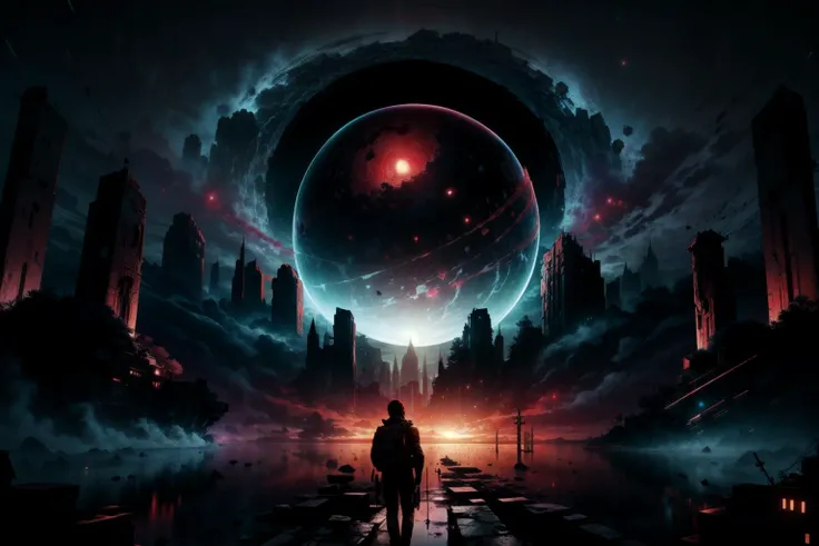cosmic scenery,, insanely detailed and intricate,godrays,ray traced reflections, <lora:add_detail:1.0> ,<lora:Bloodstainai:0.8>,bloodstainai ,auora ,glowing planetary orbs,starry skies,dynamic shadows,dystopian ruins