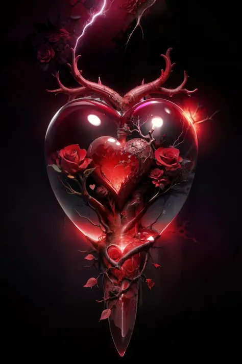 highy detailed,blood vessels,rotting heart,fleshy,dead roses,blood,pierced, simple dark background,gloomy