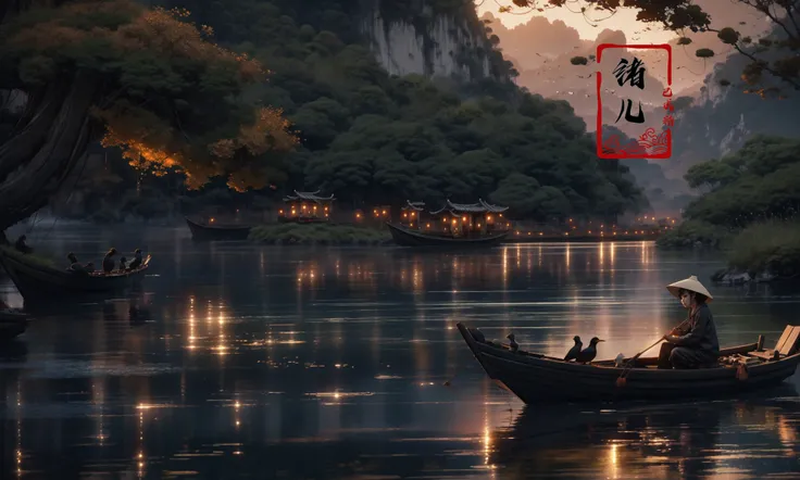 landscape, Guilin, China, iconic symbol of China's natural landscapes, Fishermen casting nets on the Li River with cormorant birds with a Cute girl touch, captured in the evocative style of the soft orange glow of the setting sun. A narrow alley on the right provides a glimpse of a tranquil garden filled with vividly blooming flowers. Ultra HD, 8K, with fine details, bringing the textures of the scene alive. Featuring: Lomography , Extreme wide portrait , 3D rendering , symmetrical composition , UHD , Wide angle lens,
<lora:~Q?-\ql4nY+:0.8>