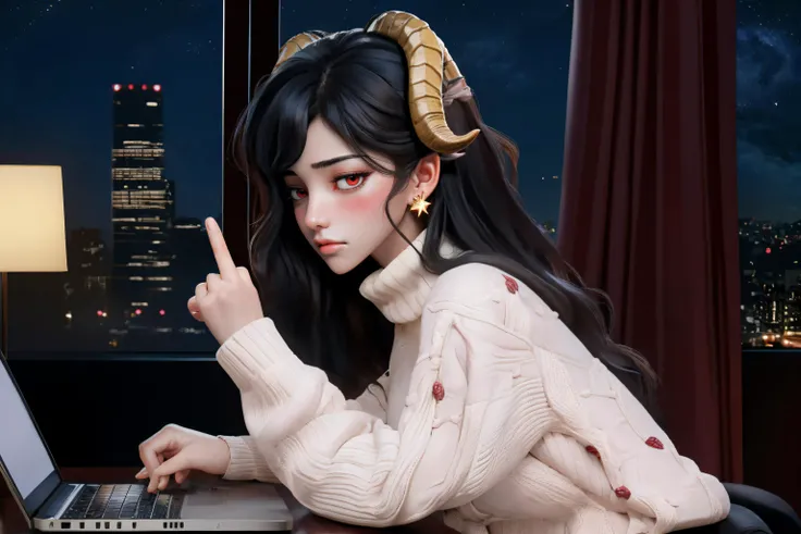 (masterpiece, best quality:1.4), 1girl, (goat horn on head:1.2), red eye, (embarrassed:1.2), blush, looking at viewer, office, laptop on desk, <lora:midfinger-wasabiya:1>, middle finger, moon, stars, night, skyscraper, window, turtleneck sweater, earring, from side, black long hair