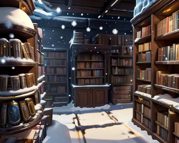 fantasy,detailed background,laboratory,shelves,books,alchemist recipes,mistery,((snow particles:1.2)(fire particles:1.2)(gold particles:1.2)),highres,wide_shot,dynamic_angle,dungeon,