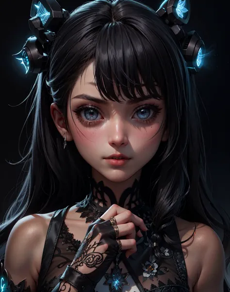 (grainy:0.5), girl, (looking at hand:1.1),(black twintails:1.1), (glowing hair accessory:1.1), menacing,detailed eyes, detailed iris, extremely detailed, expensive clothing, detailed clothing, intricate detail in clothing, sitting, 4k, 8k uhd, perfect anatomy, sharp, intricate detail