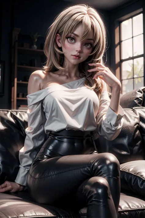masterpiece, best quality, detailed, high contrast, 1girl, toned, medium breasts, hazel eyes, dark blonde hair, thicc, baggy shirt, off one shoulder, black leggings, comfy, sitting, couch, living room, feet out of frame,