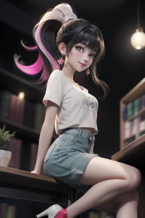 (masterpiece, best quality), 1girl, solo, (ite), [pink|black] muiltcolored eyes,black hair,long hair , floating hair, blush,dark room background, afternoon,earings, high ponytail, (asymmetric bangs),narrow_waist,dimples_of_venus
,medium breasts,kind_smile,white taut shirt ,((white) shorts),(black_platform_heels),collarbonea,cafe,bookstore,arm_behind_back,sit cross legged, desk,full body,
from below