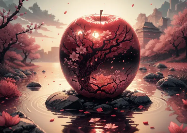 an bright [red apple:a skull:0.8] with intricate etchings on water , , insanely detailed and intricate,godrays,ray traced reflections,cherry blossom petals floating in the air, <lora:detailmaker:1.0> <lora:add_detail:1.0> <lora:Bloodstainai:0.8>,bloodstainai ,