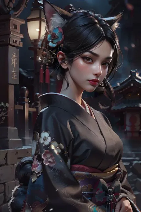 a Photorealistic dramatic fantasy render of a beautiful woman wearing a beautiful intricately detailed Japanese Wolf Kitsune mask and clasical Japanese Kimono by WLOP,Artgerm,Greg Rutkowski,Alphonse Mucha, Beautiful dynamic dramatic dark moody lighting,shadows,cinematic atmosphere,Artstation,concept design art,Octane render,8K,