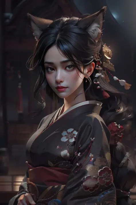 a Photorealistic dramatic fantasy render of a beautiful woman wearing a beautiful intricately detailed Japanese Wolf Kitsune mask and clasical Japanese Kimono by WLOP,Artgerm,Greg Rutkowski,Alphonse Mucha, Beautiful dynamic dramatic dark moody lighting,shadows,cinematic atmosphere,Artstation,concept design art,Octane render,8K,