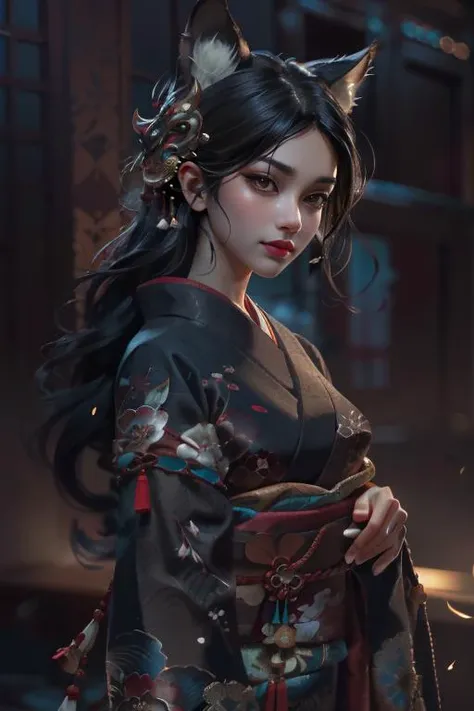 a Photorealistic dramatic fantasy render of a beautiful woman wearing a beautiful intricately detailed Japanese Wolf Kitsune mask and clasical Japanese Kimono by WLOP,Artgerm,Greg Rutkowski,Alphonse Mucha, Beautiful dynamic dramatic dark moody lighting,shadows,cinematic atmosphere,Artstation,concept design art,Octane render,8K,