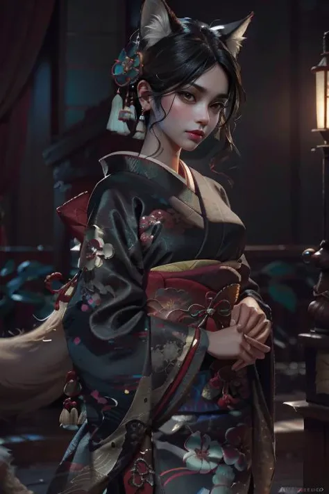 a Photorealistic dramatic fantasy render of a beautiful woman wearing a beautiful intricately detailed Japanese Wolf Kitsune mask and clasical Japanese Kimono by WLOP,Artgerm,Greg Rutkowski,Alphonse Mucha, Beautiful dynamic dramatic dark moody lighting,shadows,cinematic atmosphere,Artstation,concept design art,Octane render,8K,