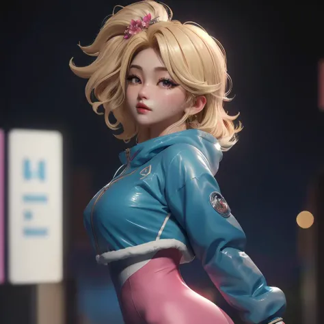 ((absurdres, official art,unity 8k wallpaper,ultra detailed,High quality,best quality)), sharp focus, sharpness, 1girl, solo focus, looking at side, (hair ornament),(pink skin), rainbow eyes, athletic, flat breasts, tied back hair, blonde hair, athletic, seductive expression, museum background, (wet skin), winter clothes, blue clothes, no freckles on face, clean up eyes,clean eyes,