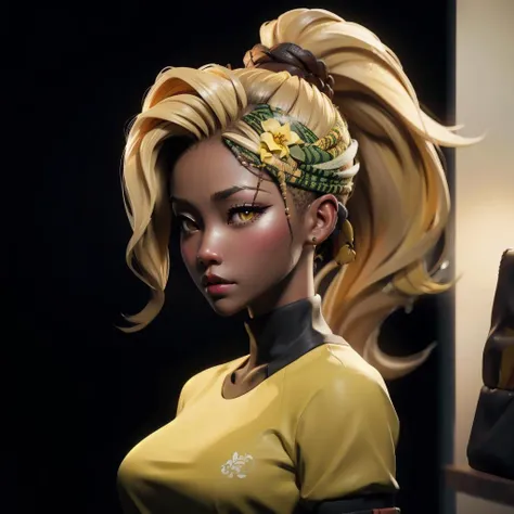((absurdres, official art,unity 8k wallpaper,ultra detailed,High quality,best quality)), sharp focus, sharpness, 1girl, solo focus, looking at left, (hair ornament),(african skin female:1.3), yellow eyes, curvy, flat breasts, ponytail hair, blonde hair, curvy, suspicious expression, gym background, (wet skin:0), office clothes, yellow clothes, on face, clean up eyes,clean eyes, clean face