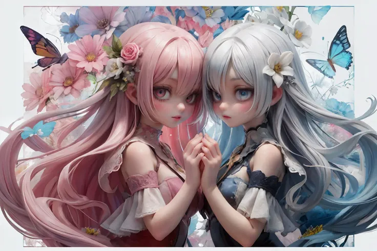 ((masterpiece, ultra-high quality)),(Ultra detailed original illustration),2girl,girl1 and girl2,symmetrical,(gril1:light pink hair),(gril2:white hair ),((Flowers with human eyes, Flower eyes)),double exposure,fussion of Fluid abstract art,glitch,(Original illustration composition),(fusion of limited color,Maximalism artstyle,Geometric artstyle,Butterflies,Junk art),Classic decorative border,