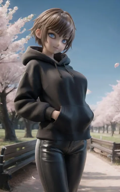 (masterpiece:1.2),best quality, masterpiece, highres, original, extremely detailed wallpaper,
1girl, genderswap \(mtf\), solo, solo focus, cowboy shot, closed mouth, looking at viewer,
<lora:Arnas_Atakiyo_UPGRADE-01:0.8> arnasatakiyo, brown hair, short hair, blue eyes, black hoodie, (large breasts:1.4), black pants,
spring \(season\), tree, grass, park bench, park, blue sky, leaf, cherry blossoms, flower,
