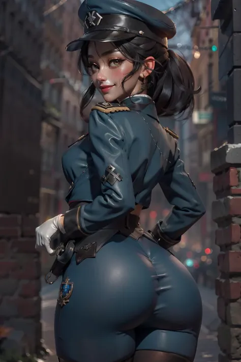 (absurdres,official art,unity 8k wallpaper,ultra detailed,High quality,best quality),1girl,iron cross,blush,peaked cap,skirt,ass,smile,two side up,(ass support),(hands on own ass),white gloves,military uniform,highly detailed,absurdres,masterpiece,
